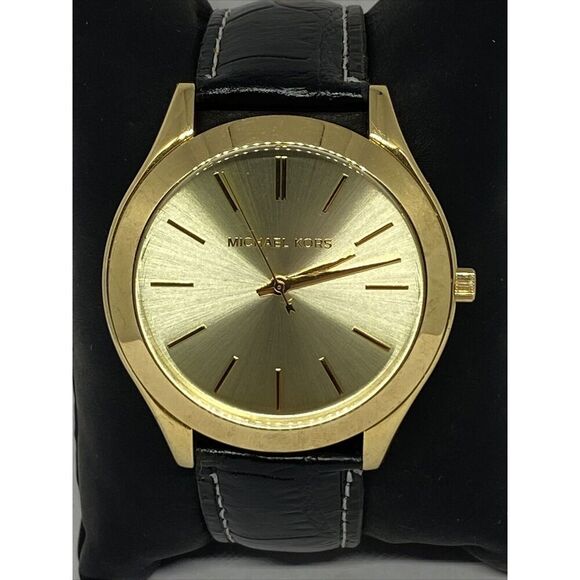 Michael Kors MK3221 Women's Black Leather Analog Gold Dial Quartz Watch JK121 - Picture 2 of 12